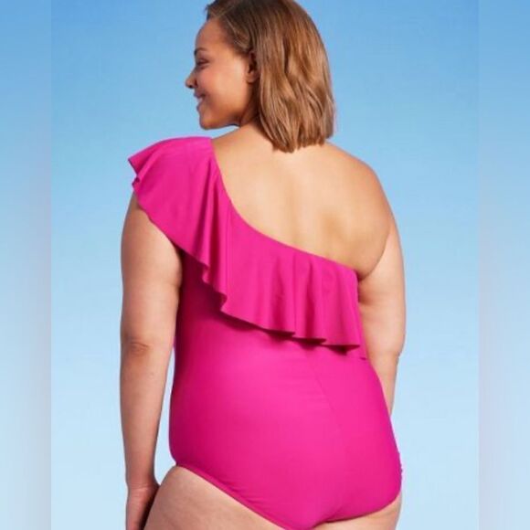 Kona Sol Women's Ruffle One Shoulder One Piece Swimsuit Pink NWT Size 20 - Picture 2 of 10
